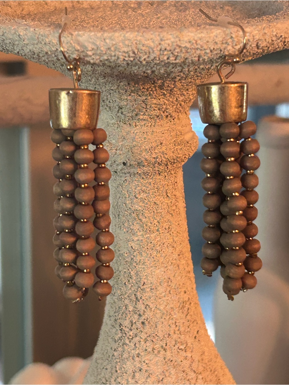 Plunder Gold-Topped Brown Beaded Tassel Earrings